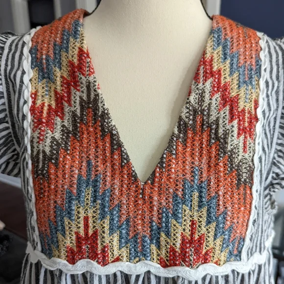 THML Tribal Dress Blue And White Stripes Size L - Picture 4 of 9
